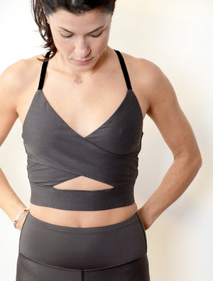 front view of female model wearing the wrap crop top