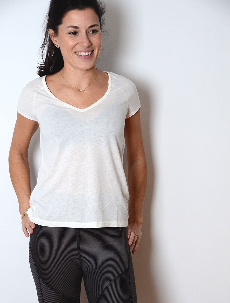 Front view of model wearing simulacra's Draped Back T-shirt 