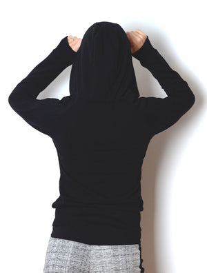 Back view of model wearing simulacra's Women's Black Cowl Neck Hoodie Sweater